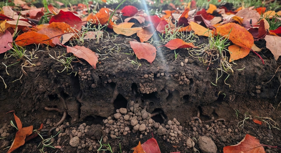 秋季草坪近景：土壤露出蚯蚓洞道和團粒結構，地表有腐葉和新芽草籽