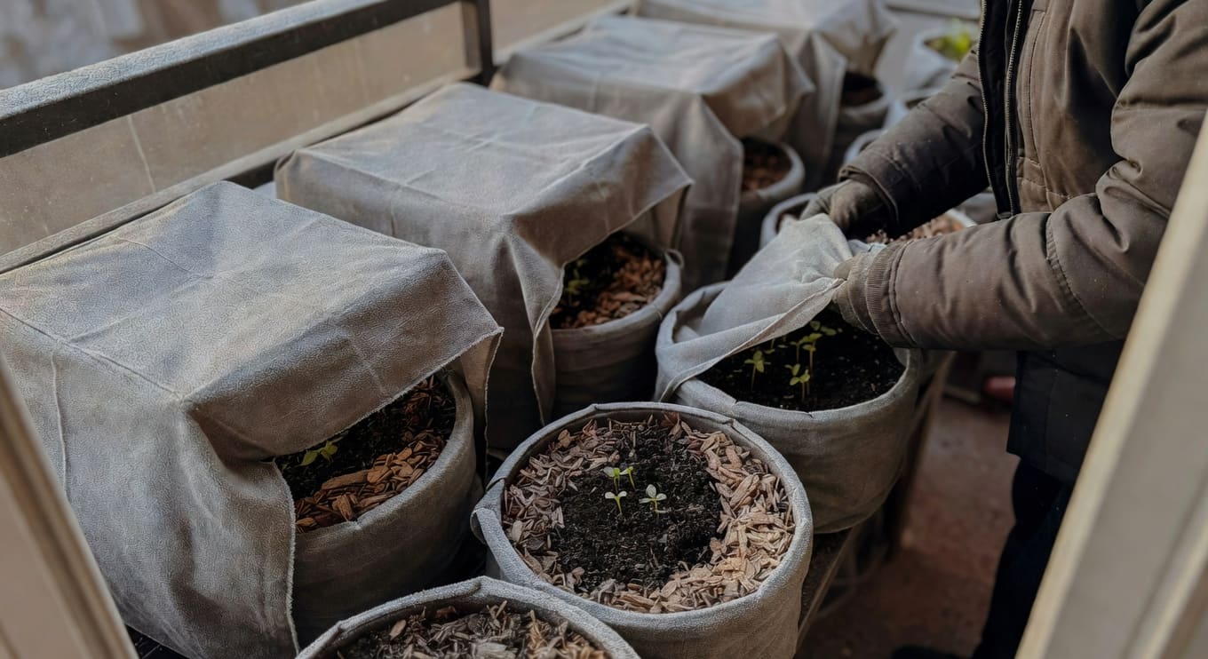 冬日清晨陽台菜園全景：不織布覆蓋蔬菜盆，晨霜邊緣凝結，園丁掀開布檢查幼苗。