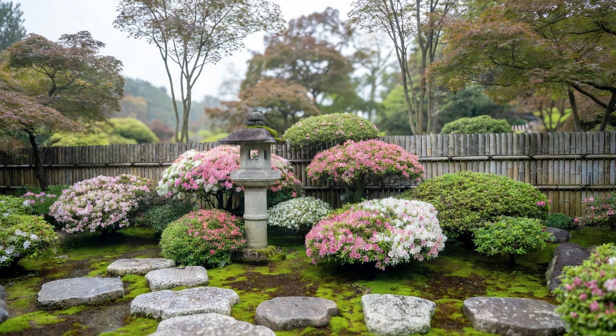 日式坪庭景深：前景踏石苔地，中景石燈籠杜鵑，遠景竹籬後楓樹，空間深遠。