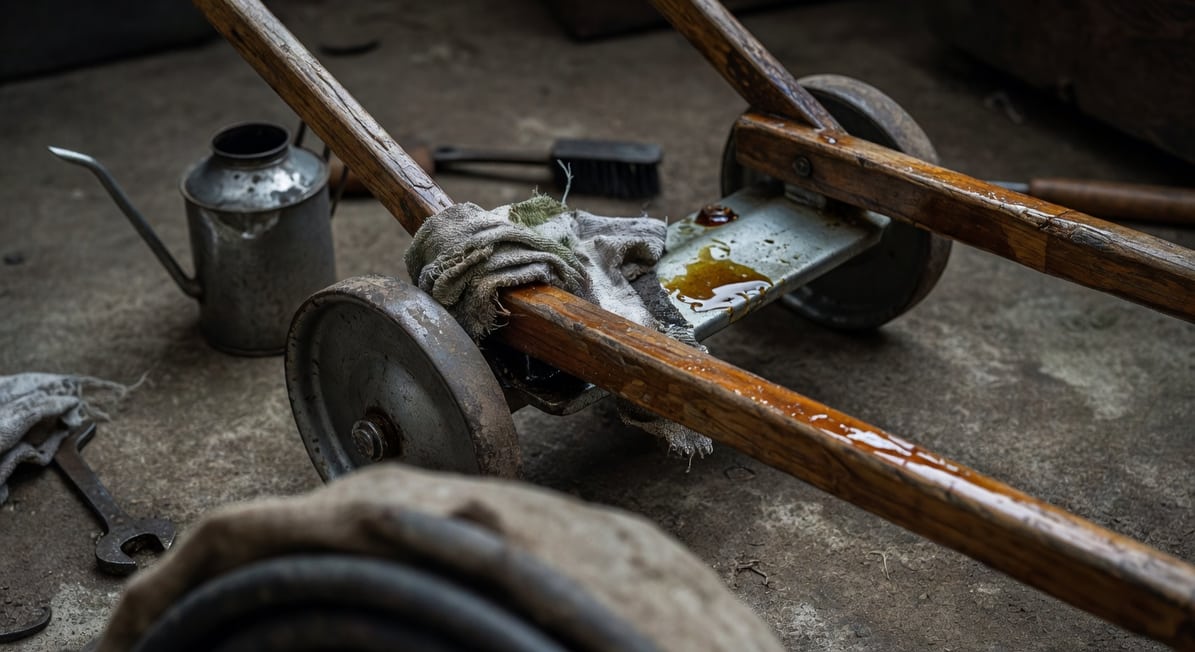 園丁擦拭手推車鋼製輪軸塗潤滑油，木把手有亞麻仁油光澤，地面放工具油罐。