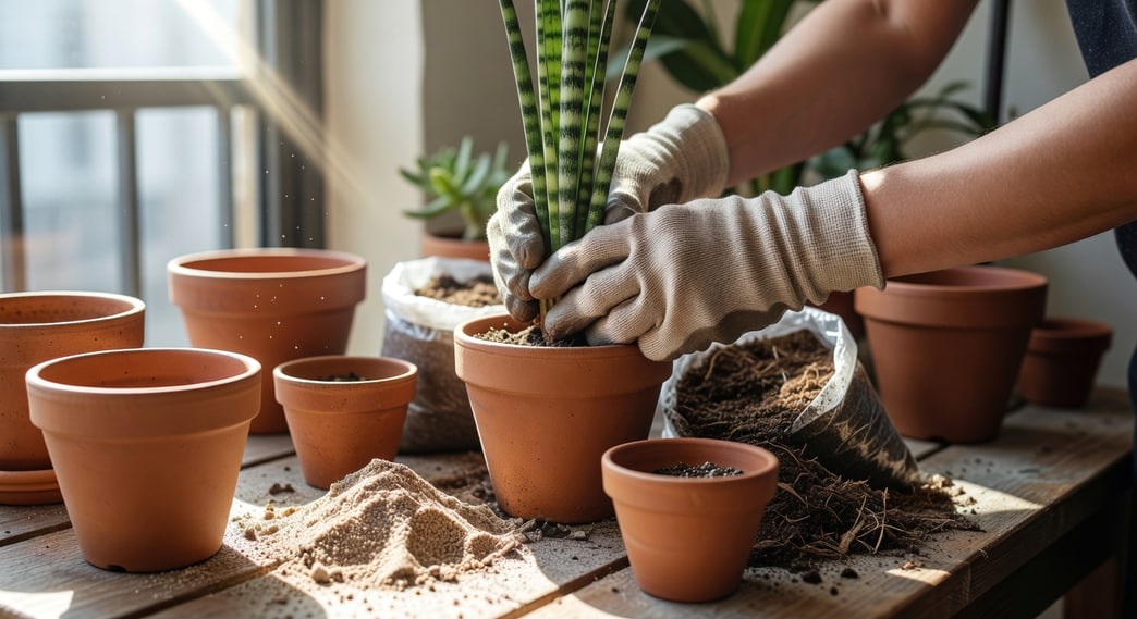 戴手套手為虎尾蘭換盆，旁邊粗砂多肉土和素燒陶盆，陽台背景。