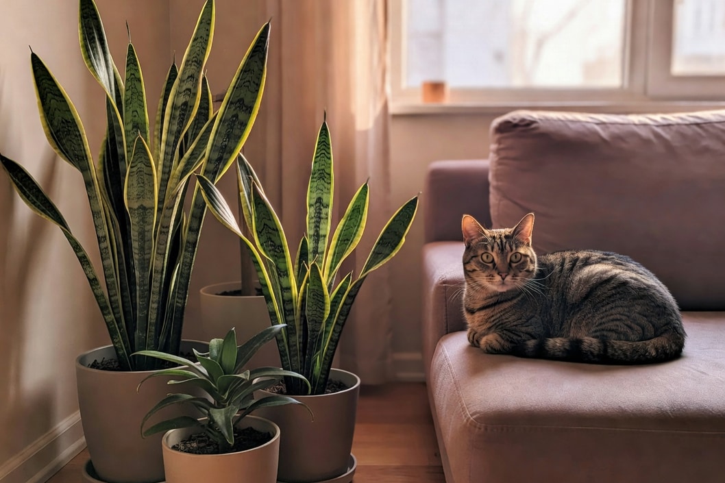 客廳角落三盆不同大小虎尾蘭，貓咪沙發上觀望，溫暖室內光線。
