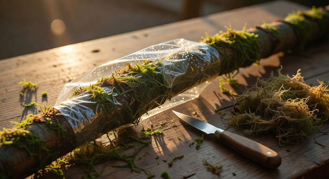 園藝師手為橡膠樹高壓繁殖，樹枝裹濕水苔塑膠膜，桌上放利刀水苔