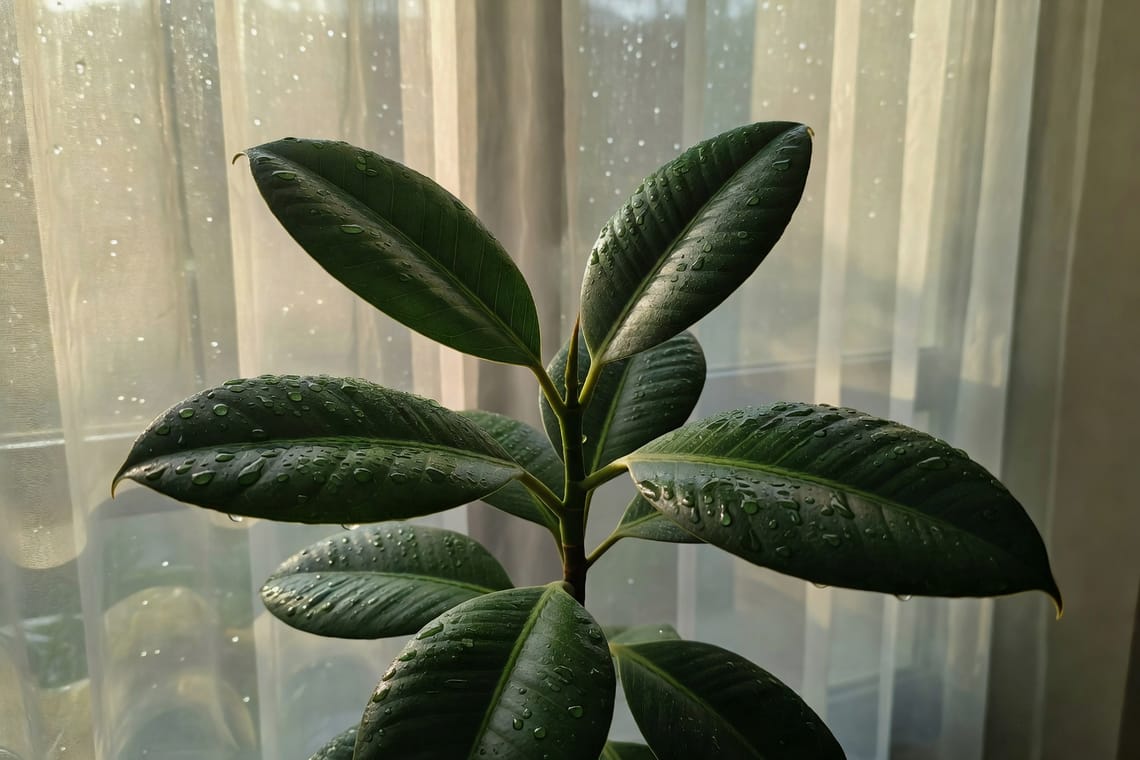 雨後清晨橡膠樹特寫，水珠凝結深綠葉面，柔和光線穿透玻璃窗靜謐氛圍