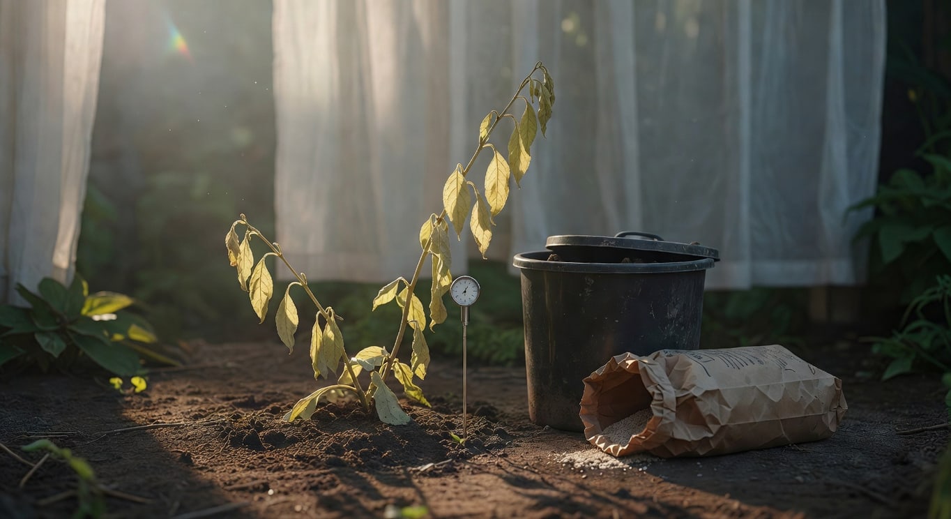 園藝師檢查黃葉植物，測量土壤濕度，旁邊有堆肥桶和有機肥料