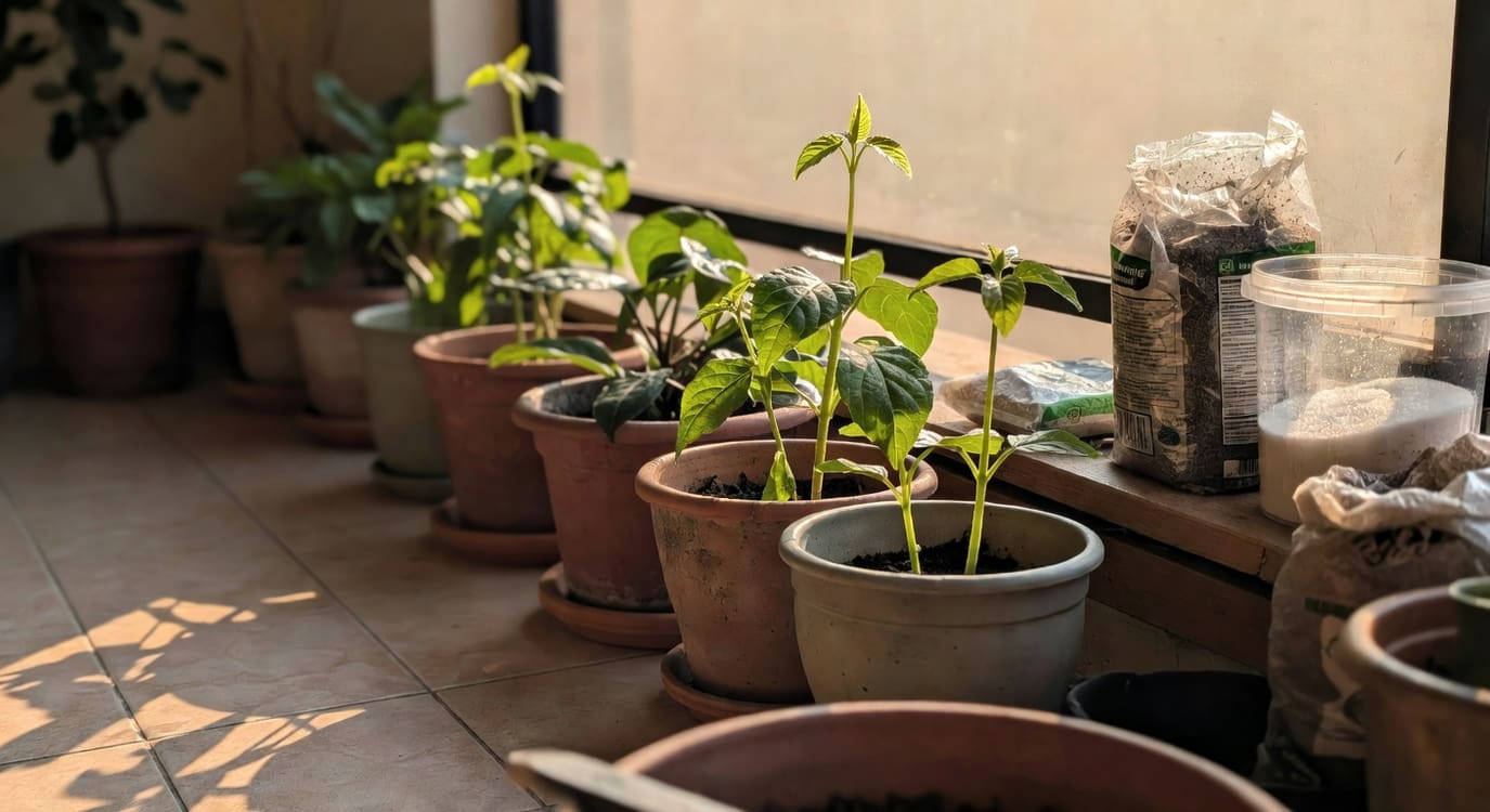 陽台上盆栽排，部分新葉嫩綠，旁邊擺放螯合鐵、硫酸鎂及有機肥