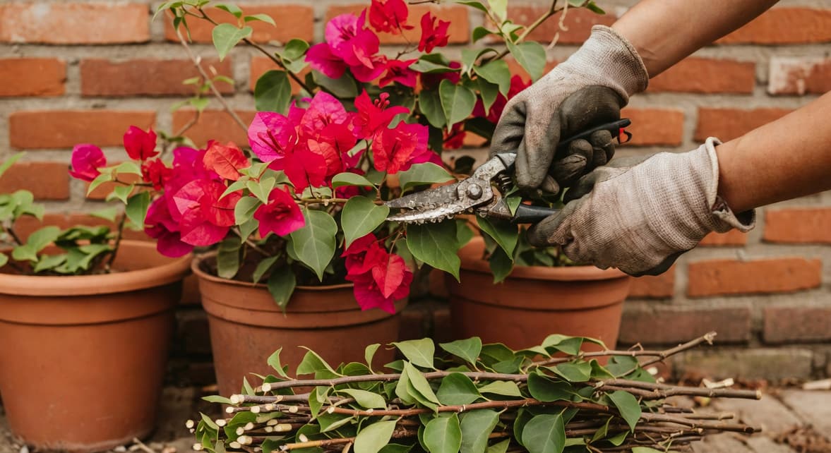 園藝師戴手套修剪九重葛側枝，剪刀沾樹汁，枝條堆放整齊，背景紅磚牆