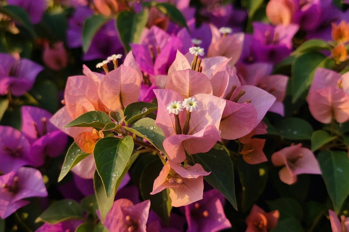 清晨光線下九重葛特寫，桃粉色苞片包白色小花，露水在葉緣，背景紫紅花海
