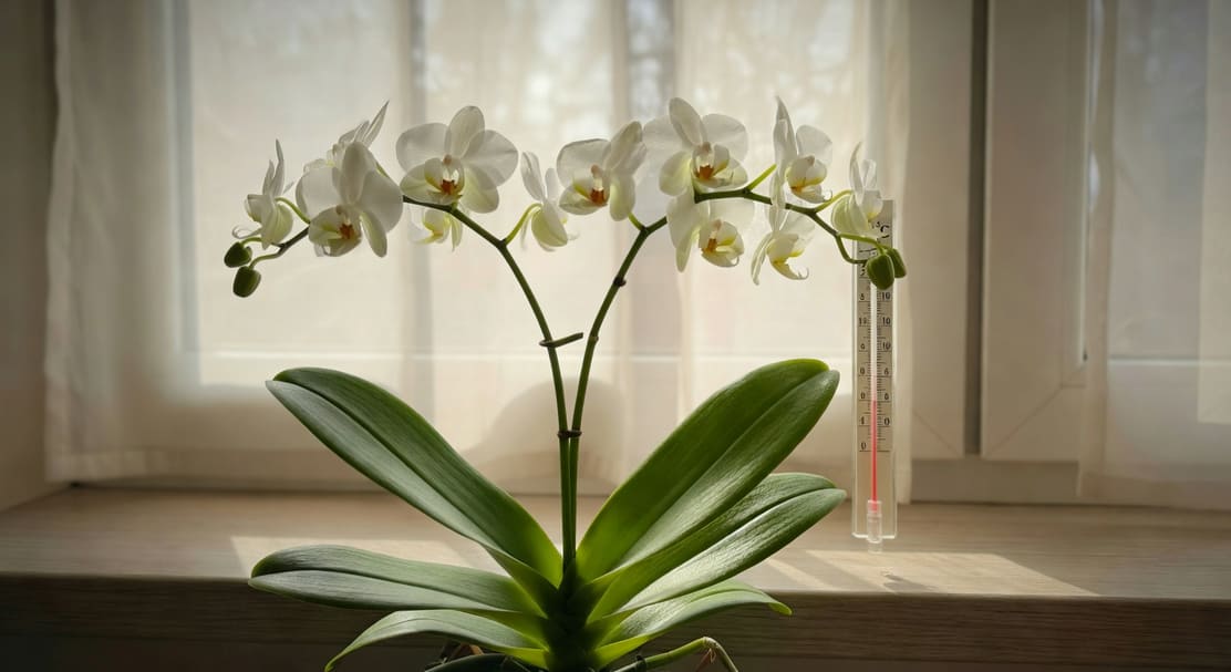 秋日窗邊蝴蝶蘭植株，葉色亮綠，溫度16度，背景窗簾日光