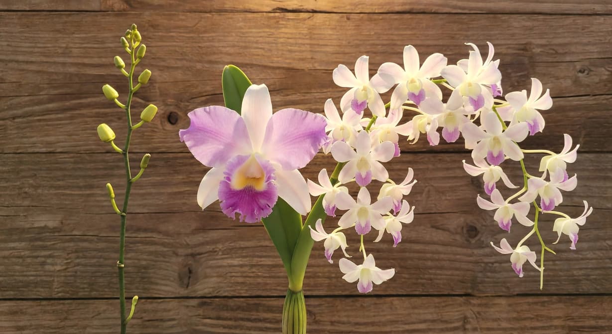 對比展示：左蝴蝶蘭新花梗、中嘉德麗雅開花假球莖、右石斛蘭垂花穗