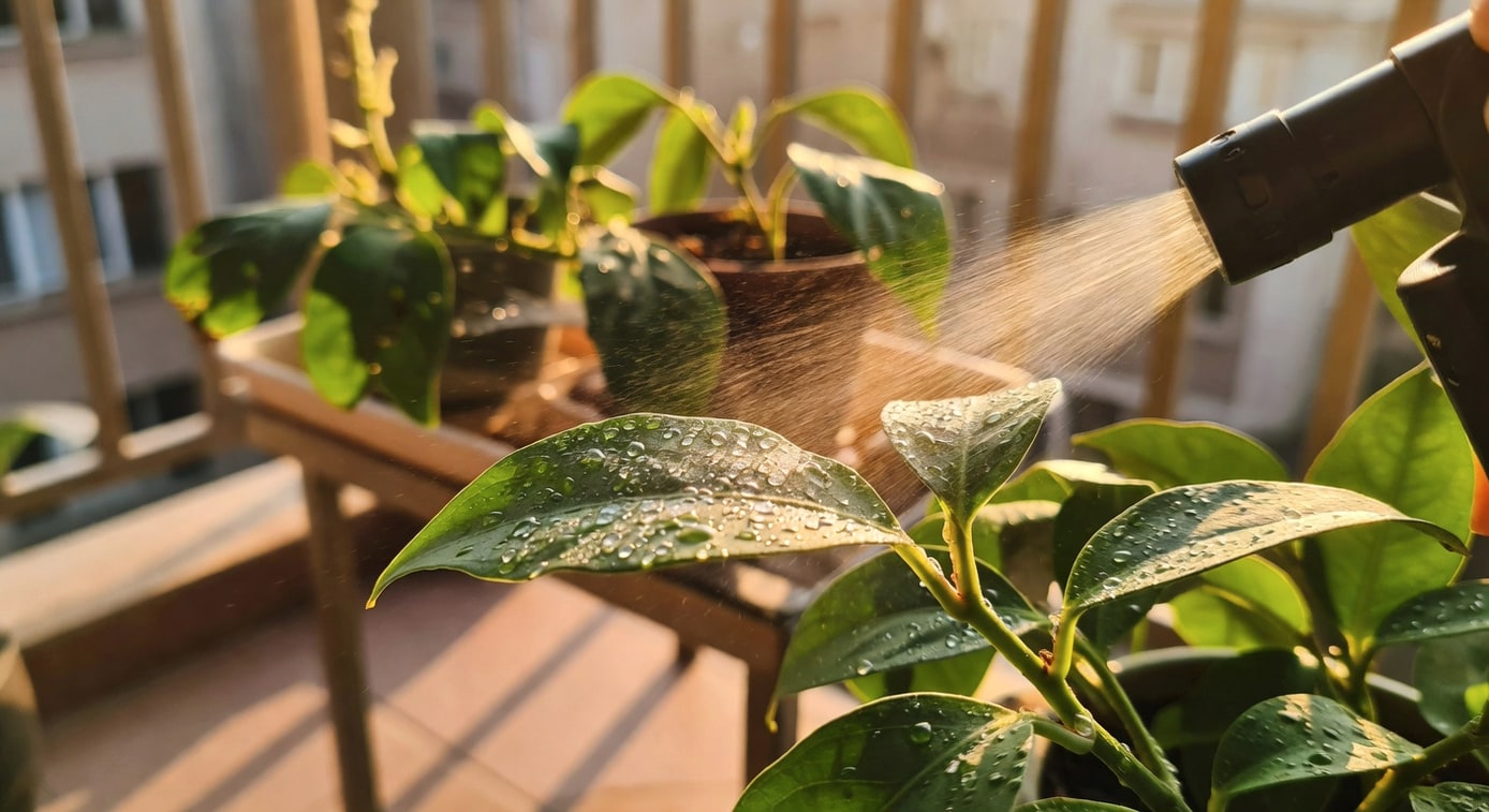 噴霧器噴灑有機肥皂液於植物葉背，水珠附著葉腋和莖節，背景為陽台隔離植物