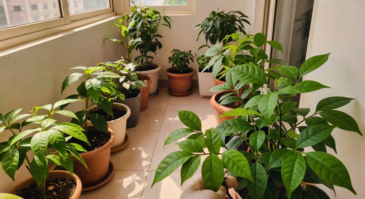 陽光明亮的乾淨陽台，植物通風有序排列，新葉翠綠無蟲害，園藝師檢查葉背