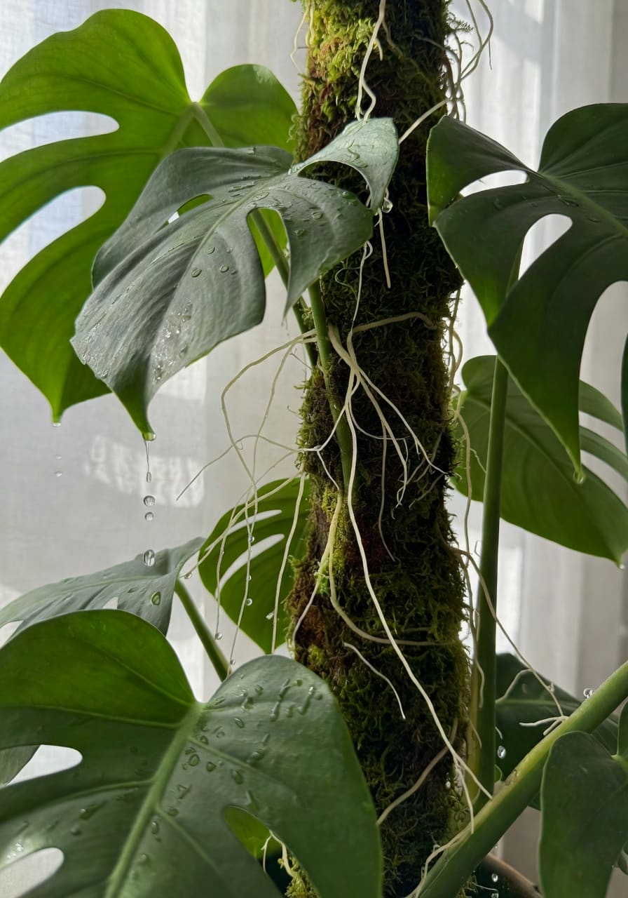 龜背芋氣生根特寫，白色根尖附水苔支柱，水珠滴落葉緣，光影斑駁詩意