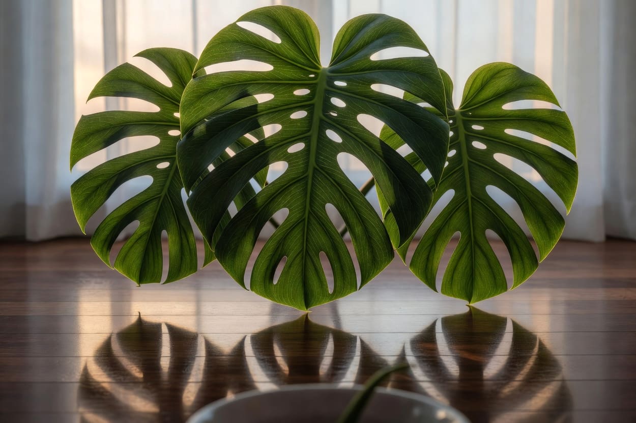 黃昏柔光下龜背芋葉片特寫，巨大半透光羽裂穿孔，木地板倒映剪影