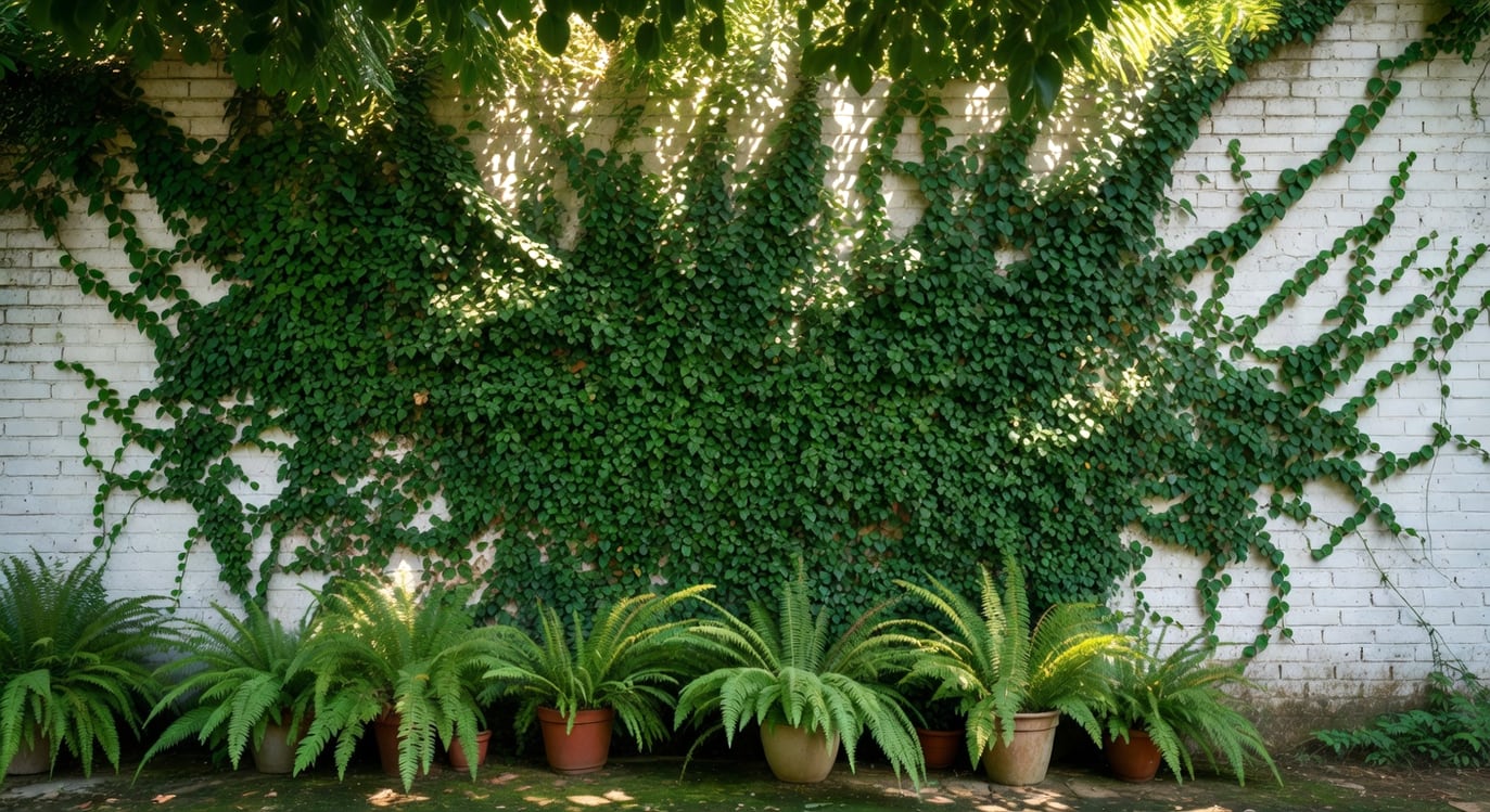 薜荔攀爬白色磚牆，翠綠葉密布牆面，下方擺蕨類陶盆沐浴自然光線