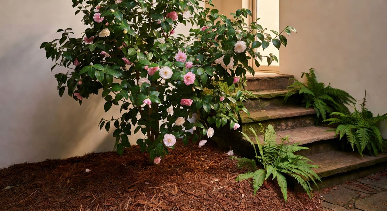 山茶花植株全景半日照庭院角落松樹皮覆蓋旁石階蕨類寧靜優雅氛圍