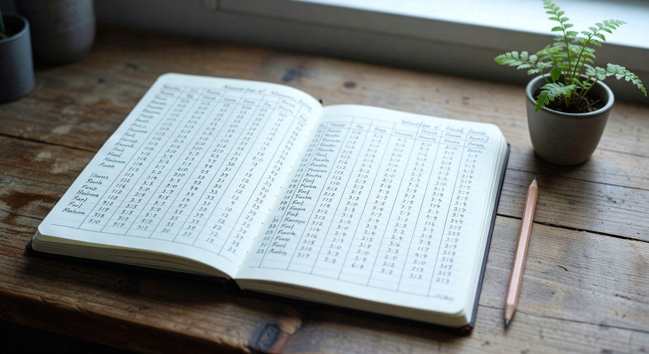 打開園藝筆記本，手寫記錄每週澆水濕度數據，旁邊有鉛筆和小盆栽。