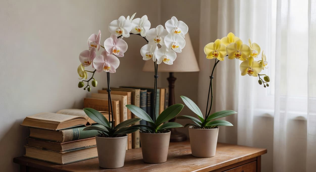 室內書桌角落擺三盆蝴蝶蘭，粉色白色黃色各一，背景書本檯燈營造溫馨居家氛圍