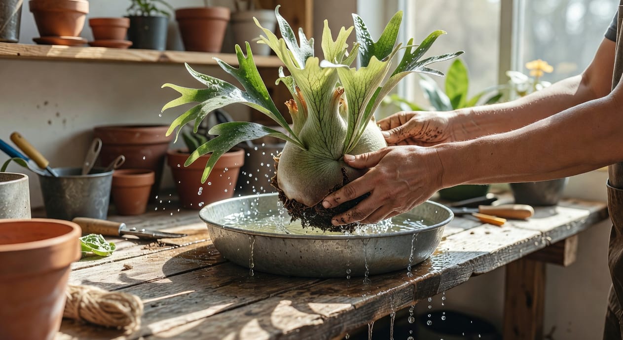 園藝師雙手浸水澆灌鹿角蕨，水珠滴落木板，明亮工作室背景，紀實風格。