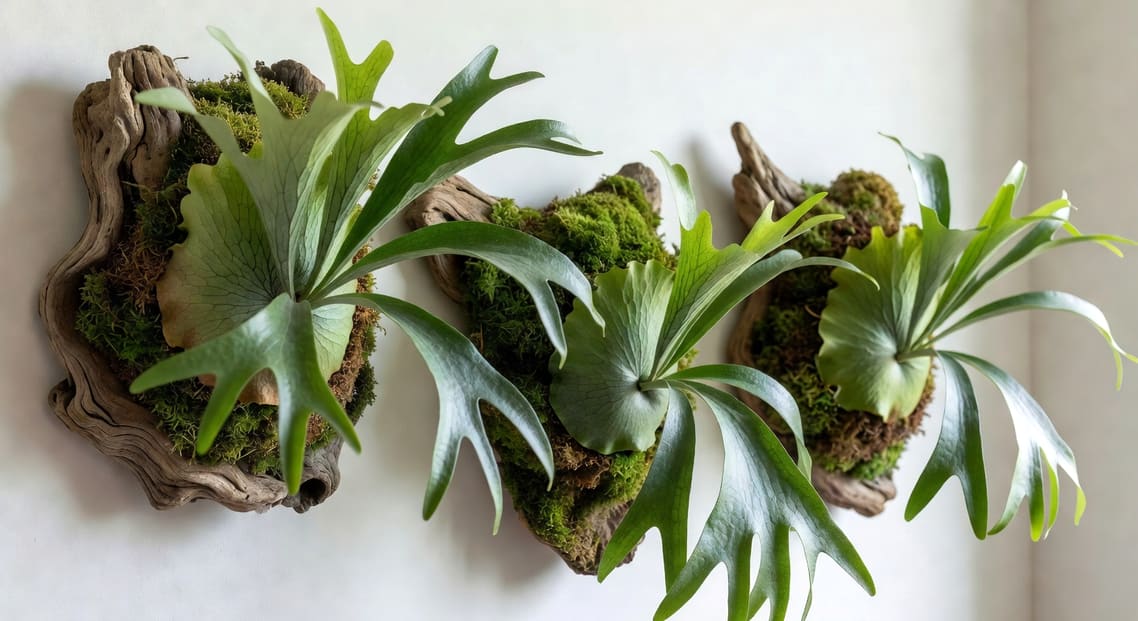 鹿角蕨牆面特寫，三塊木板高低掛白牆，搭配蕨類苔蘚，室內植栽設計美學。