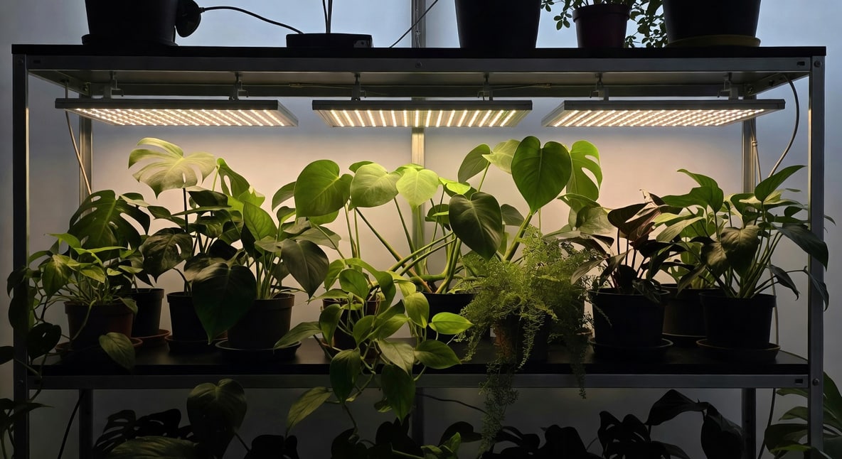 LED植物燈照射綠葉植物，燈光暖白，距離頂部20公分，室內科技感