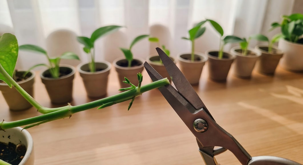 園藝剪刀修剪徒長植物至節位，新生側芽明顯，工作檯面整潔盆栽排列