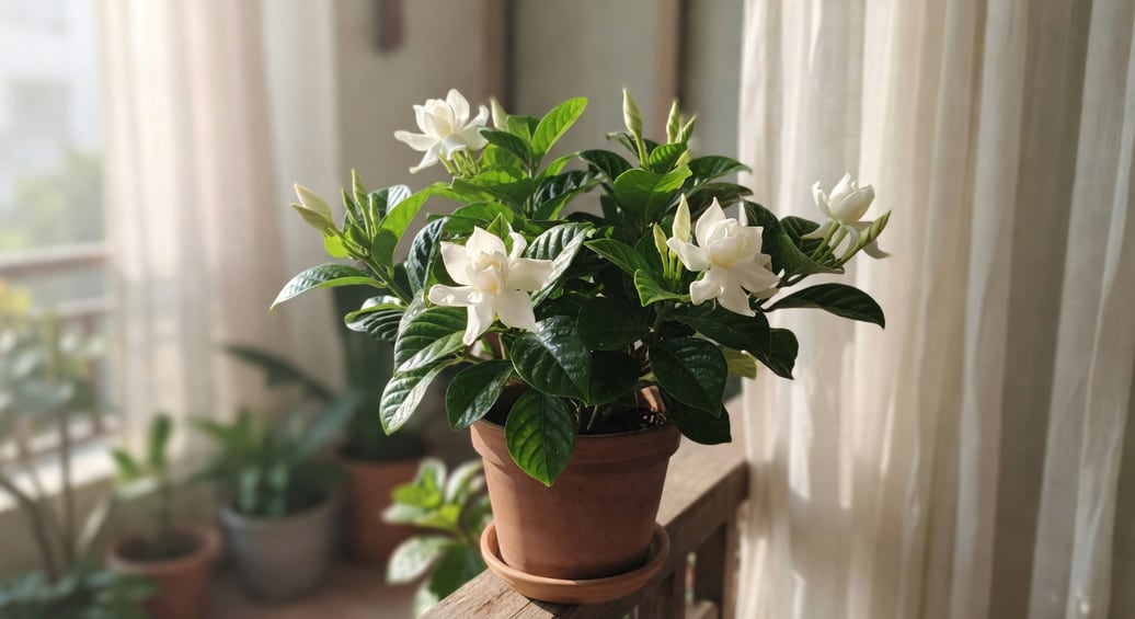 窗邊健康梔子花盆栽：葉色油亮深綠，花苞即將綻放，自然光背景。