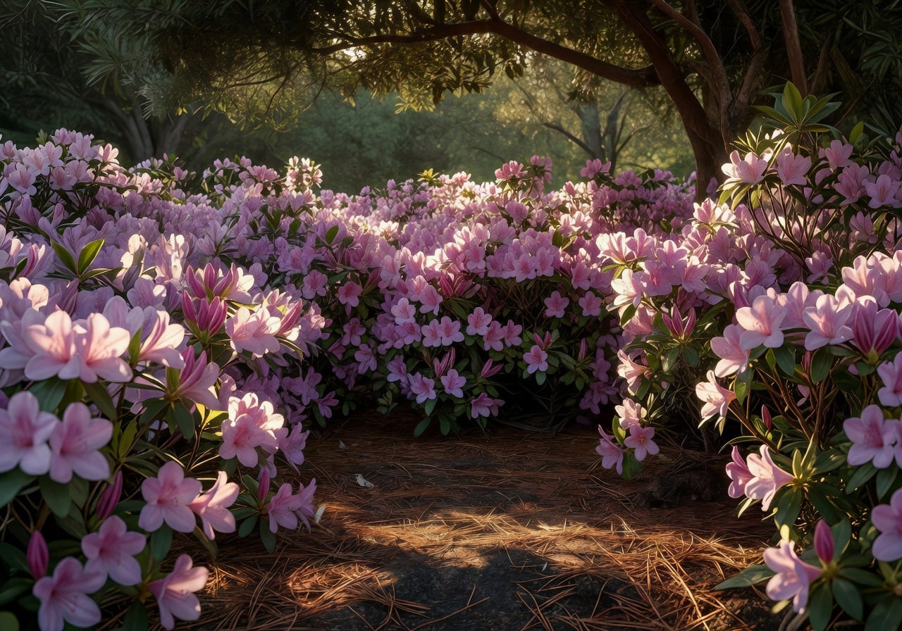 杜鵑花叢特寫半日照下光線透過葉隙，花朵柔和粉紫色，表土覆松針寧靜園藝
