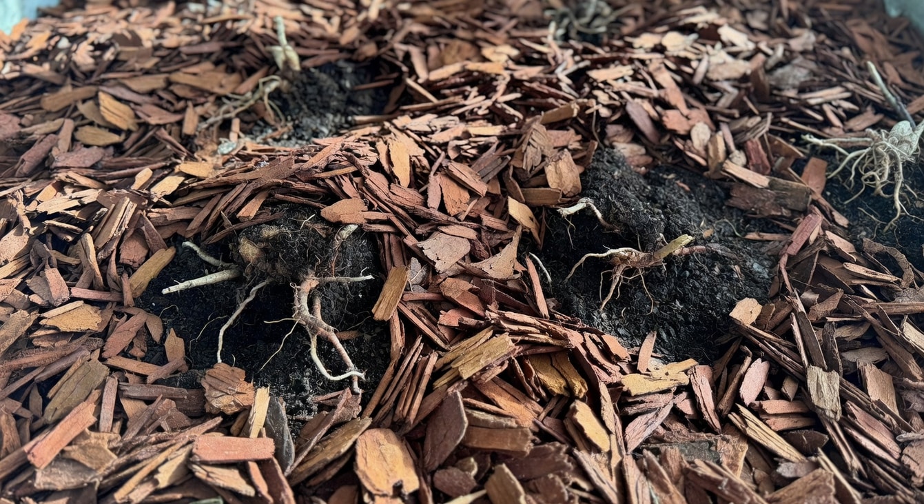 園藝工作者鋪設松樹皮於酸性植物根部周圍，土壤表面滿褐色樹皮屑實作示範