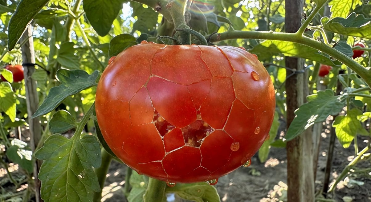 番茄果實表面有環狀和放射狀裂紋，水珠從裂縫滲出，背景綠葉與支架。