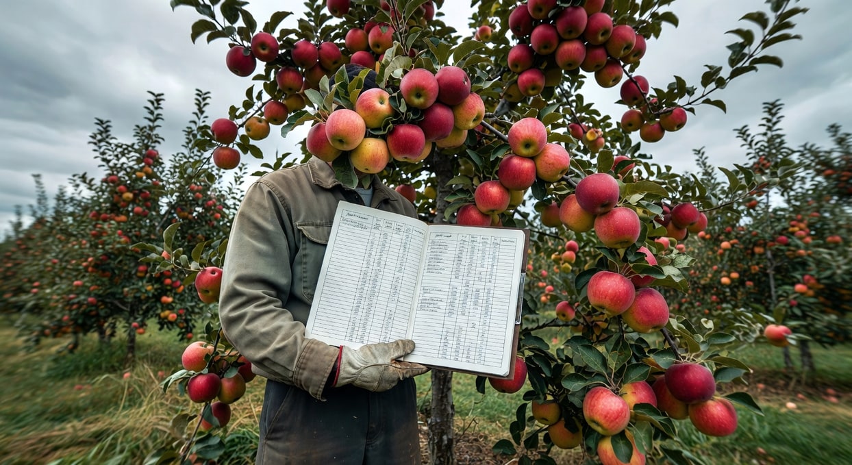果農手持記錄板記錄數據，站在結實的蘋果樹旁，呈現科學栽培氛圍。