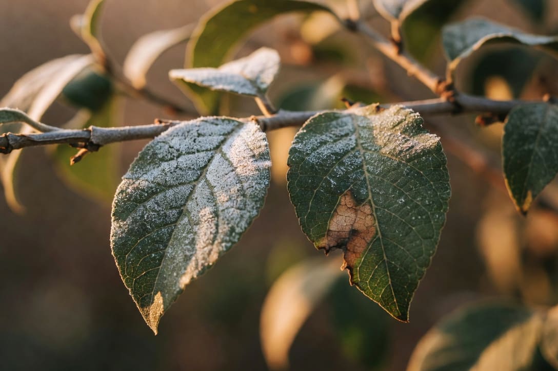 兩葉對比：左白粉覆蓋，右褐色乾枯斑