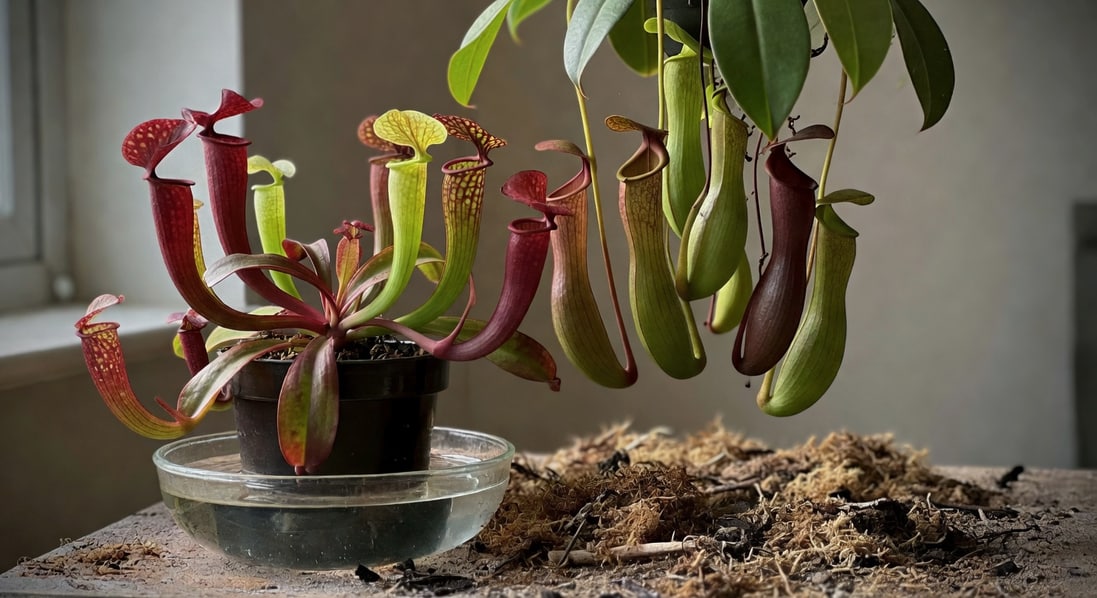 瓶子草盆底浸泡在水盤，豬籠草吊盆下方為乾燥地面