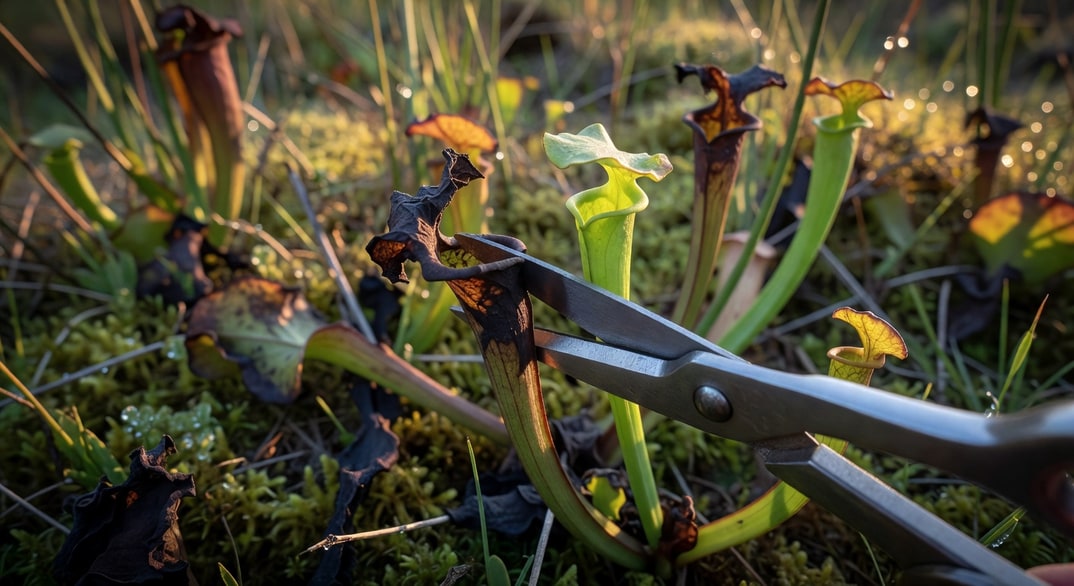 手持剪刀剪除枯黑老化瓶子草葉，旁邊新長嫩綠小筒
