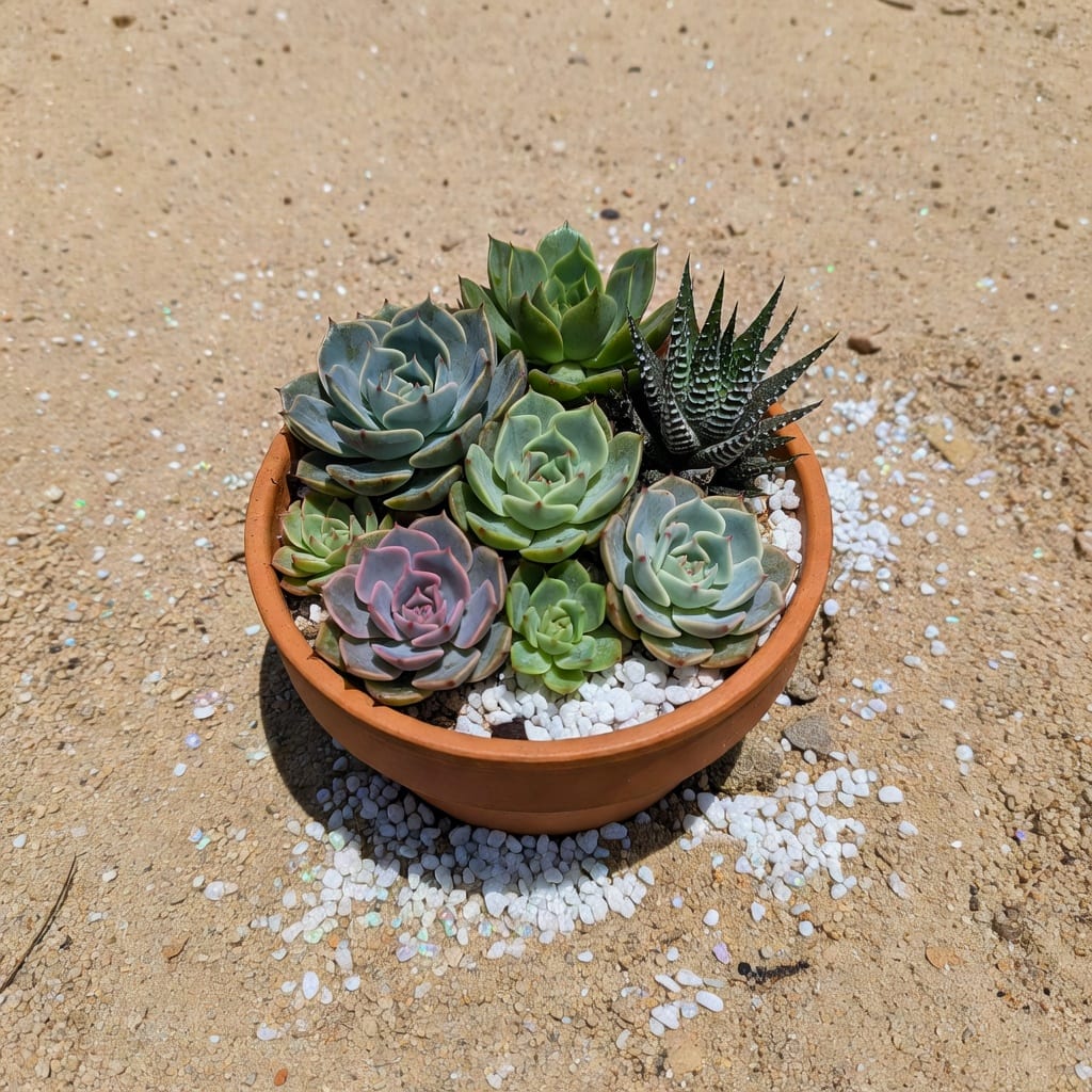 陶土盆中多肉植物搭配粗砂和珍珠石快速排水介質的俯視圖。