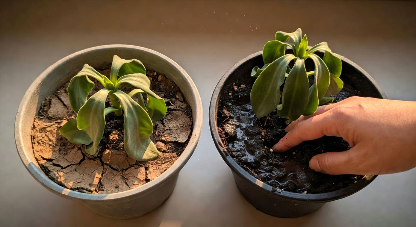 兩盆植物並排：一盆土乾葉軟，另一盆土濕葉軟，用手摸土示意