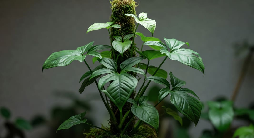 合果芋爬上苔蘚柱後葉片成掌裂形大葉