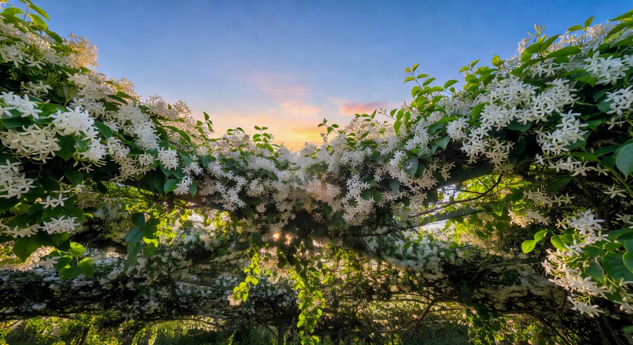 棚架下黃昏光線中茉莉花滿開與綠葉全景