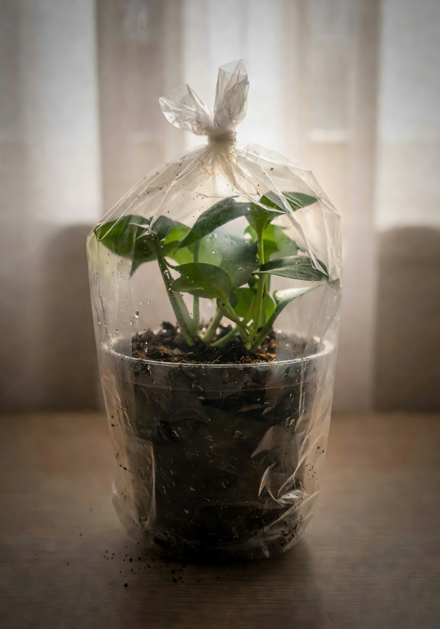 剛換盆植物套半透明塑膠袋保濕置於散射光下