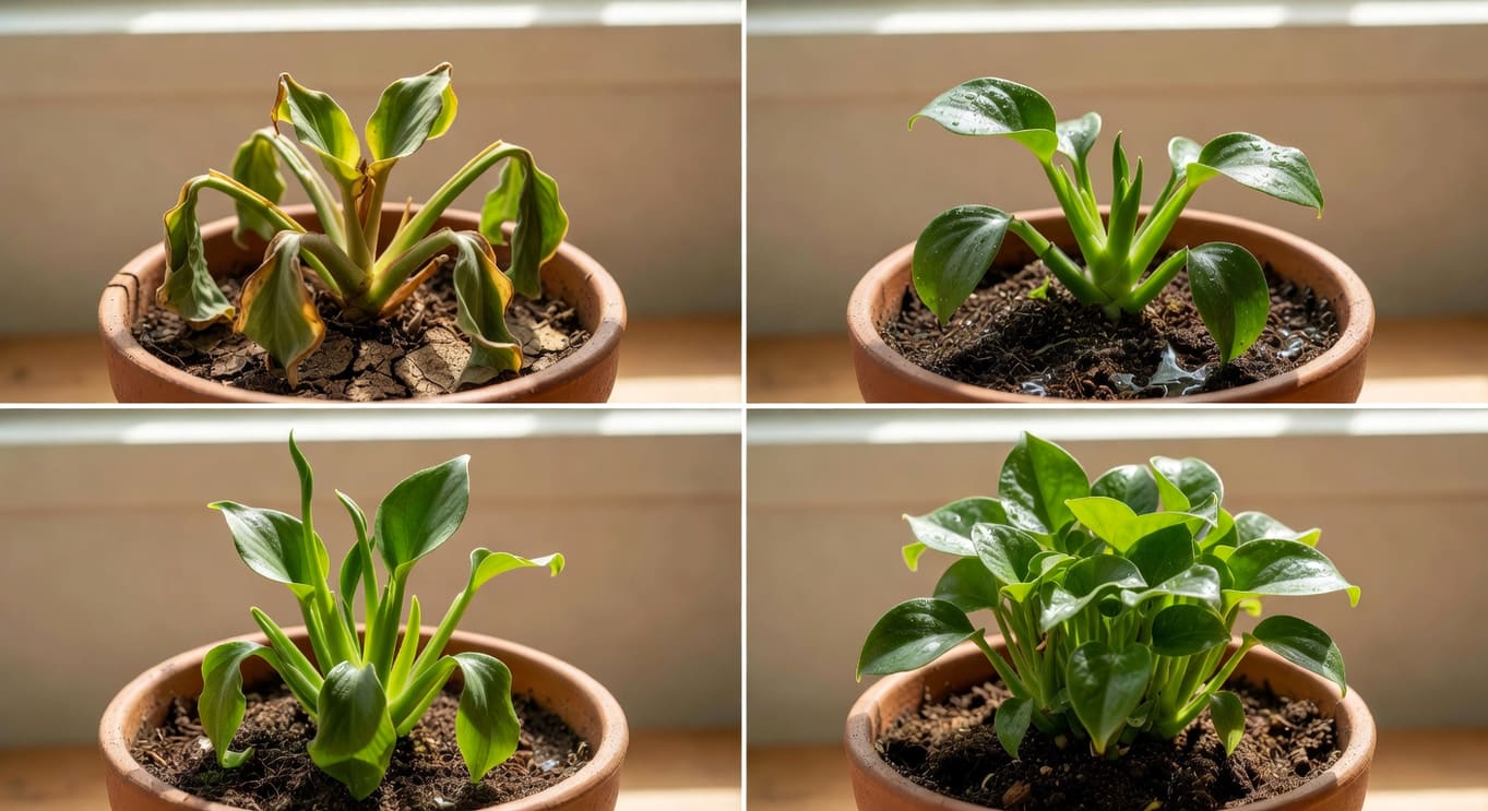 五步急救診斷流程：植物從萎蔫到恢復的四宮格示意