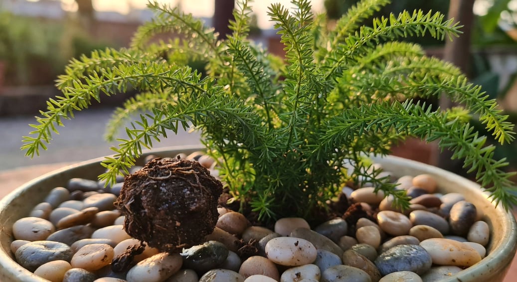 手捏表土測試濕度畫面，旁邊翠綠豹紋文竹和礫石水盤擺放。