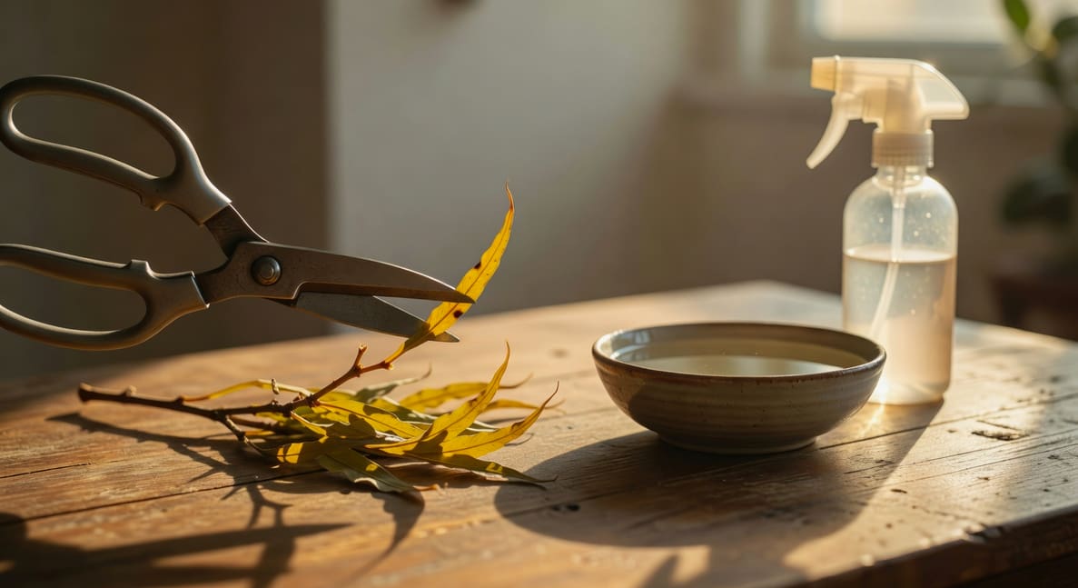園藝剪刀修剪焦黃葉狀枝特寫，桌面有靜置水碗和噴霧瓶，明亮室內背景。