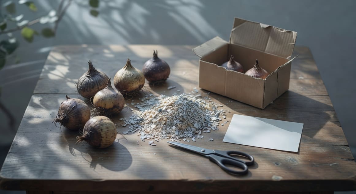 木頭桌上展示觀音蓮球莖及蛭石、紙箱、剪刀、記事卡，沐浴冬日晨光