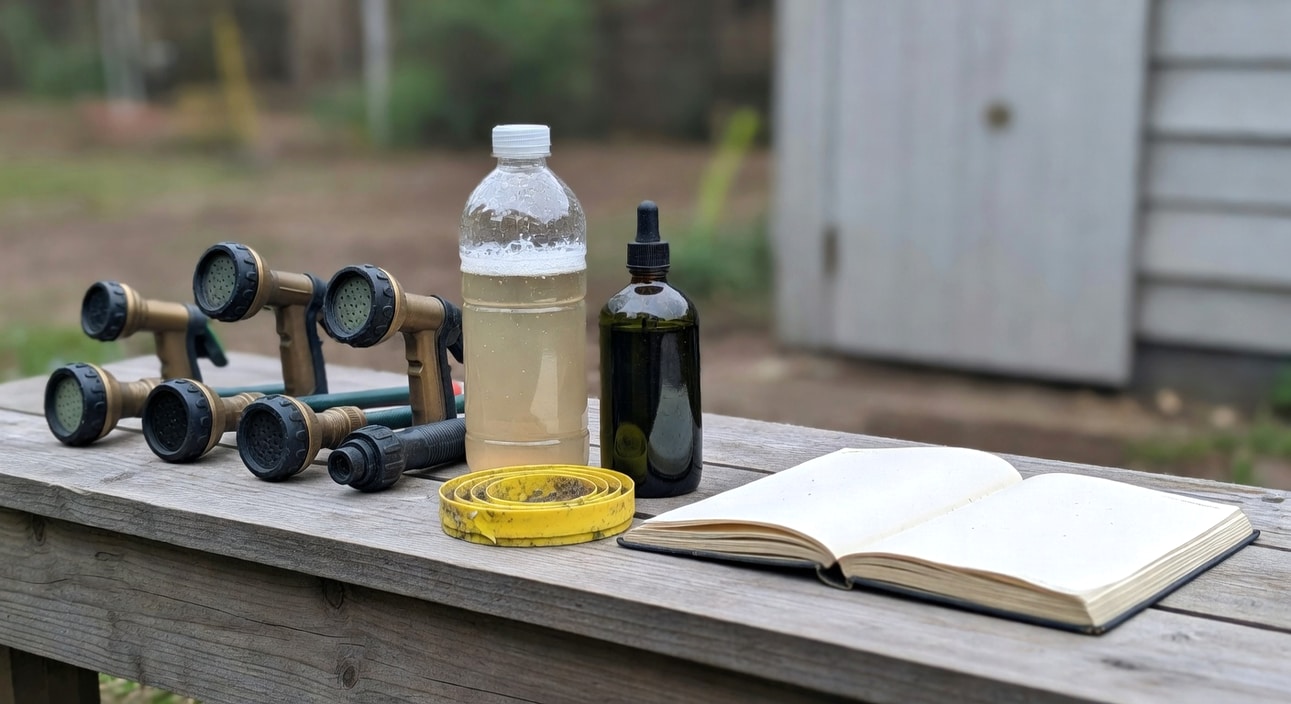 園藝工具台排列水柱噴頭、肥皂水瓶、印楝油和黏膠環，旁邊觀察紀錄筆記本。