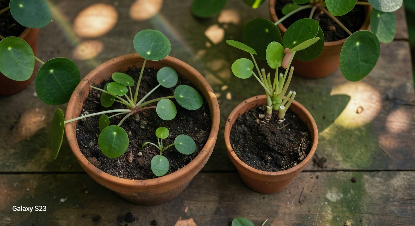 俯視銅錢草分株整理畫面，手持剪下莖條準備扦插新盆