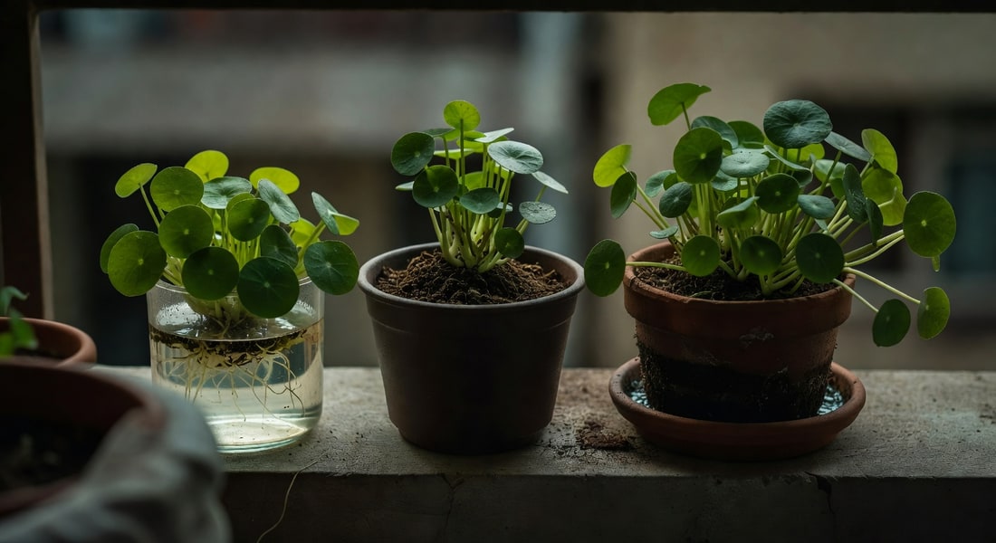 陽台上排列三盆銅錢草，水培土栽混合栽，標籤清晰可見