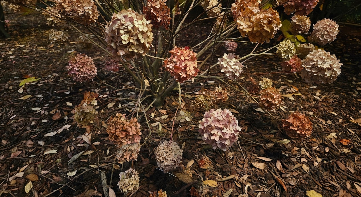 秋季庭院繡球花輕剪後：枯花球保留枝上作為冬日視覺，地面有機覆蓋物