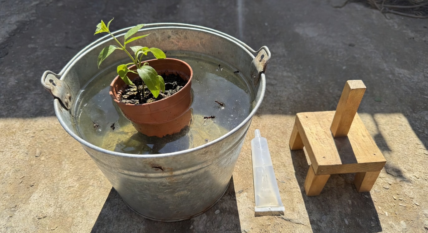 水桶中浸泡盆栽，螞蟻浮出水面，旁邊園藝黏膠和花盆架