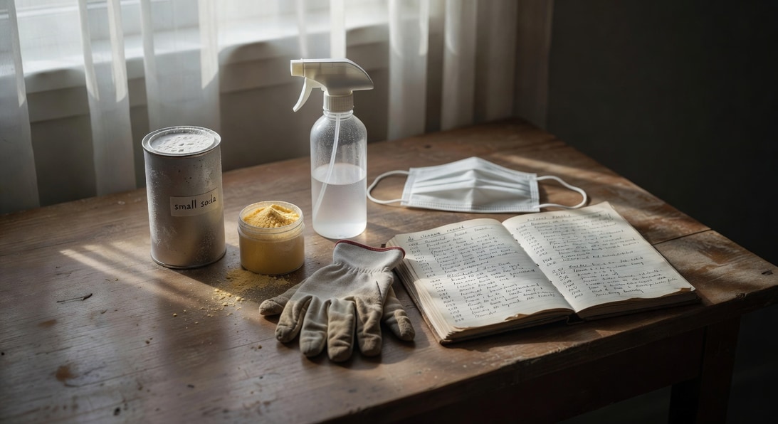 園藝工具台上擺放小蘇打罐、硫磺粉、噴霧瓶、手套、口罩和病害紀錄本