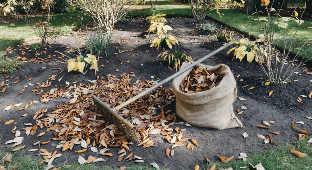 秋末花園清理殘葉畫面，使用竹掃把與園藝袋，植株間距寬敞通風良好